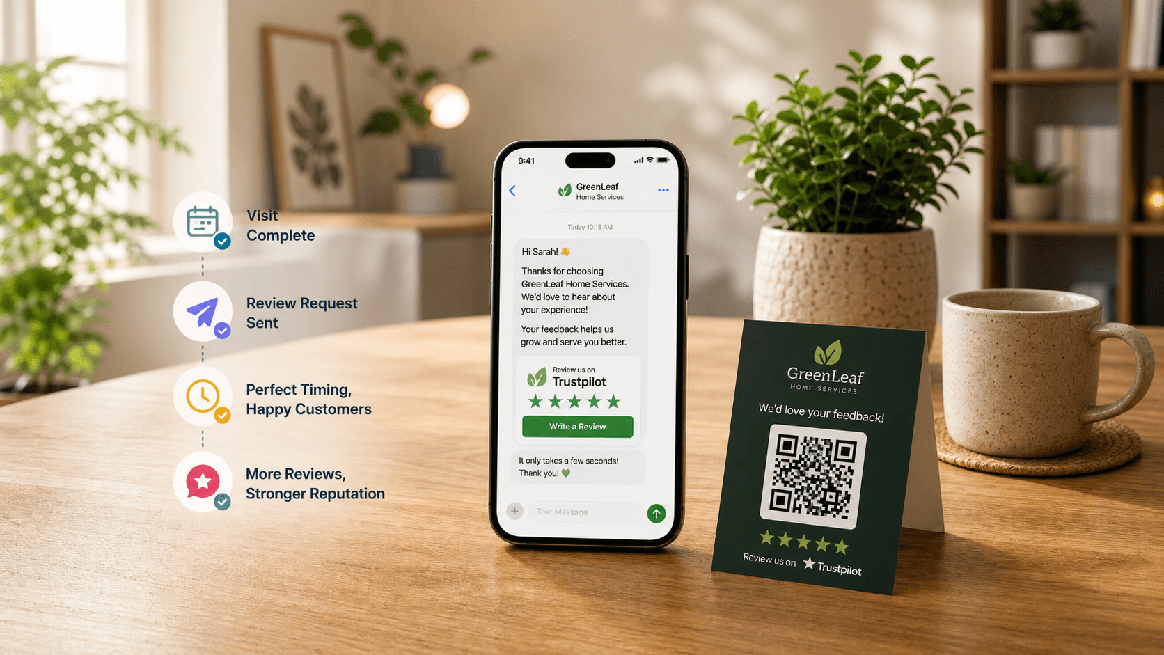 Automated review request flow with a text message and printed review QR card.