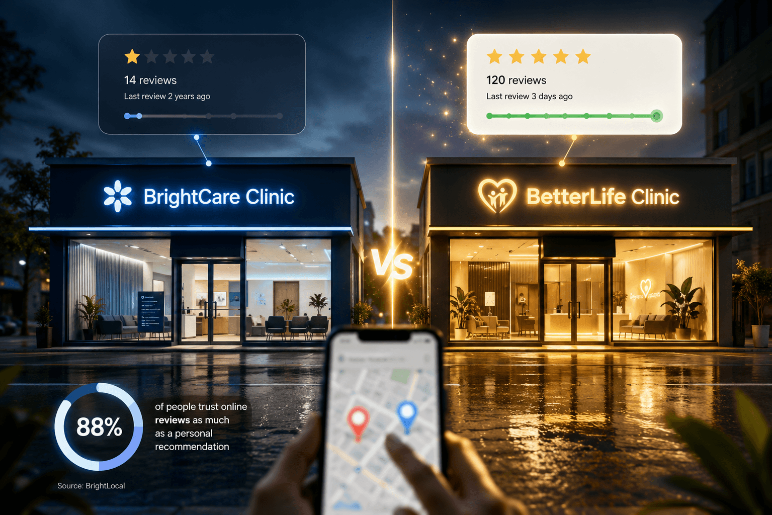 Why review recency matters: a clinic with many recent reviews beats a clinic with a small stale review count.