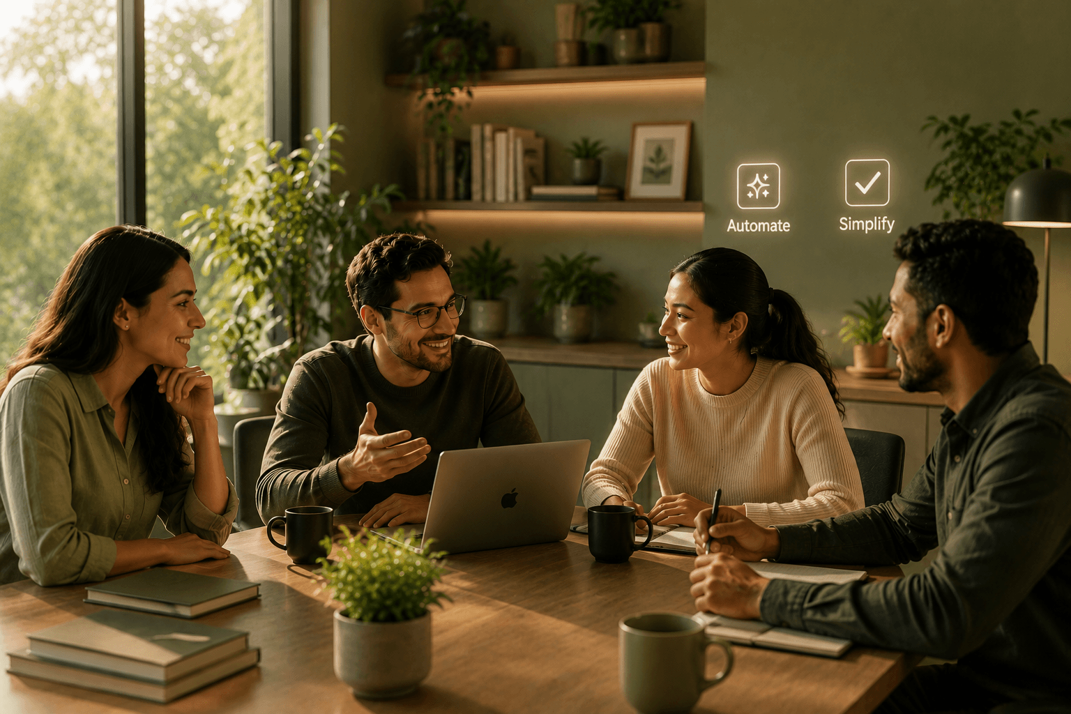 A small team talks around a laptop in a calm office, with 'Automate' and 'Simplify' cues above - the human work AI quietly frees them to focus on.