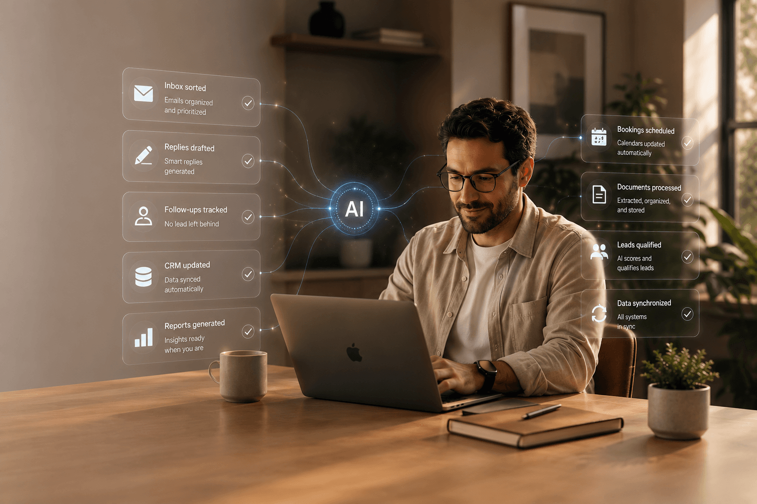 A business owner works at a laptop while quiet AI tools sort the inbox, draft replies, track follow-ups, update the CRM, schedule bookings, process documents, qualify leads, and keep systems in sync.