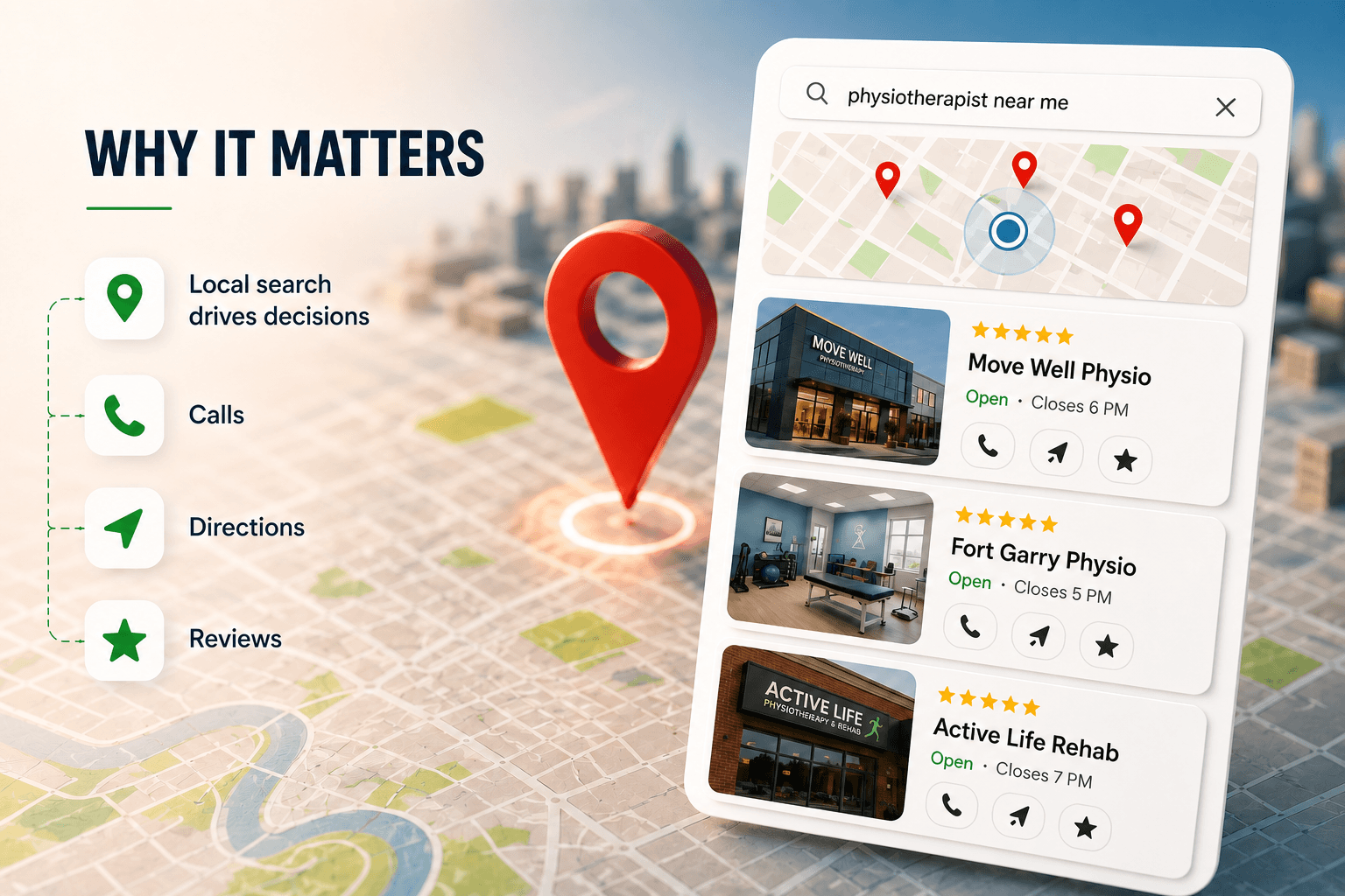 Google Maps and local organic search visibility supported by an optimised Google Business Profile, website relevance, reviews, and consistent business information.